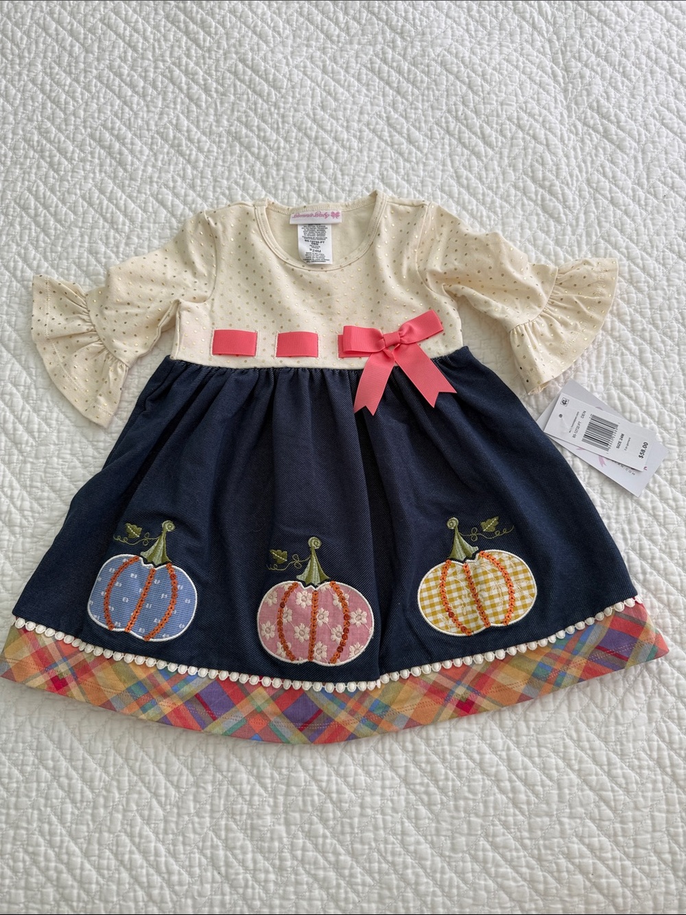 Bonnie Baby Navy & Cream Dress with Pink Bow and Pumpkin Appliqués Size 24 mo